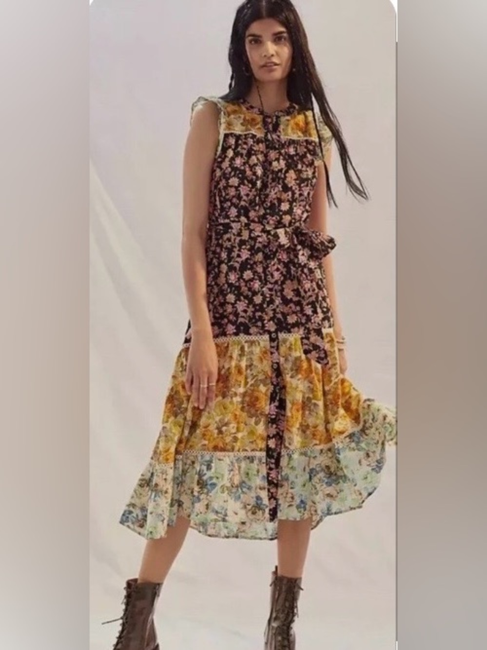 Anthropologie Black Floral Patchwork Midi Dress